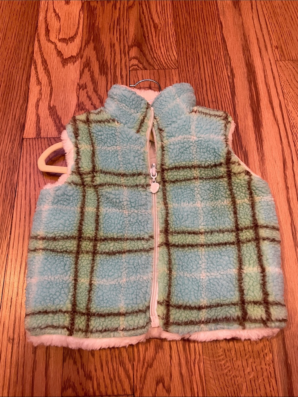 Hartstrings Mint Plaid Sherpa Vest with Heart Zipper Pull